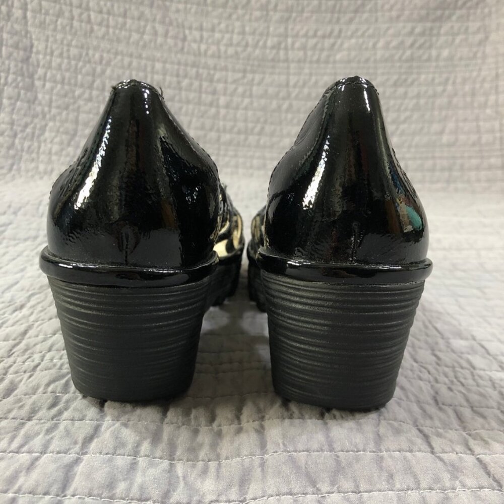 Fly London Wedge Size 41 EU 10 US Yadi Interwoven Straps Peep Toe Black Patent - Picture 10 of 13